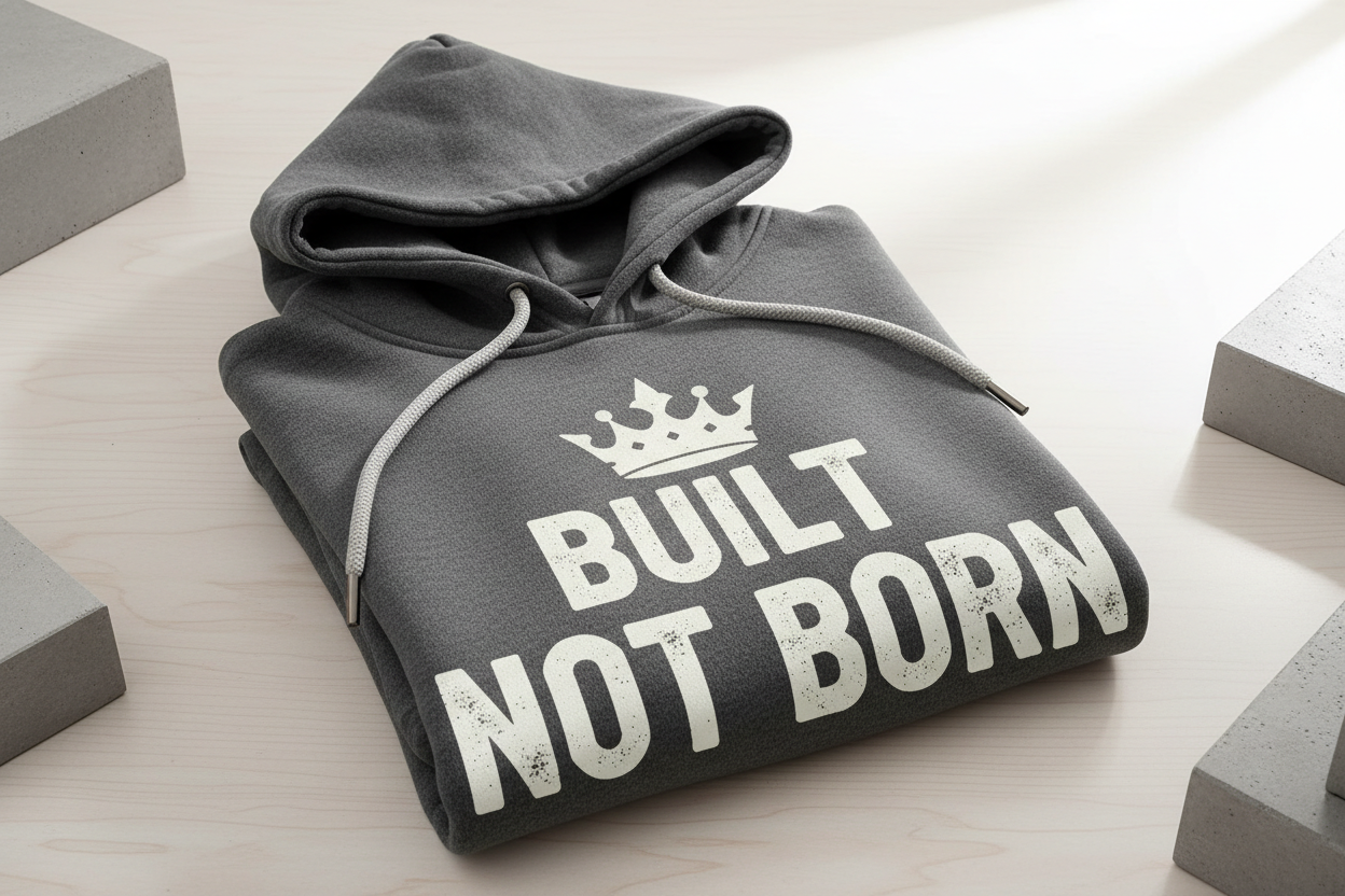A hoodie with a Built Not Born writen on with a crwon logo on the top 