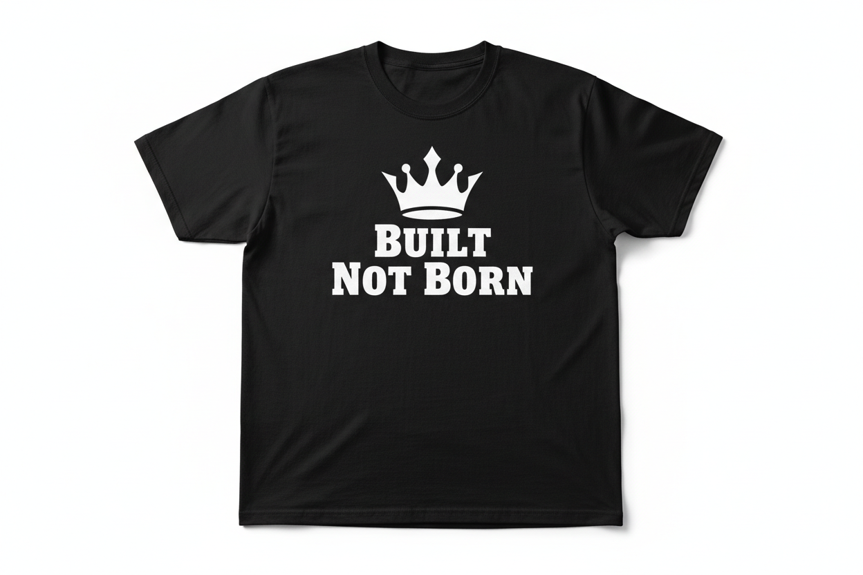 T-shirt with  Built Not Born writen on with crwom logo on the top